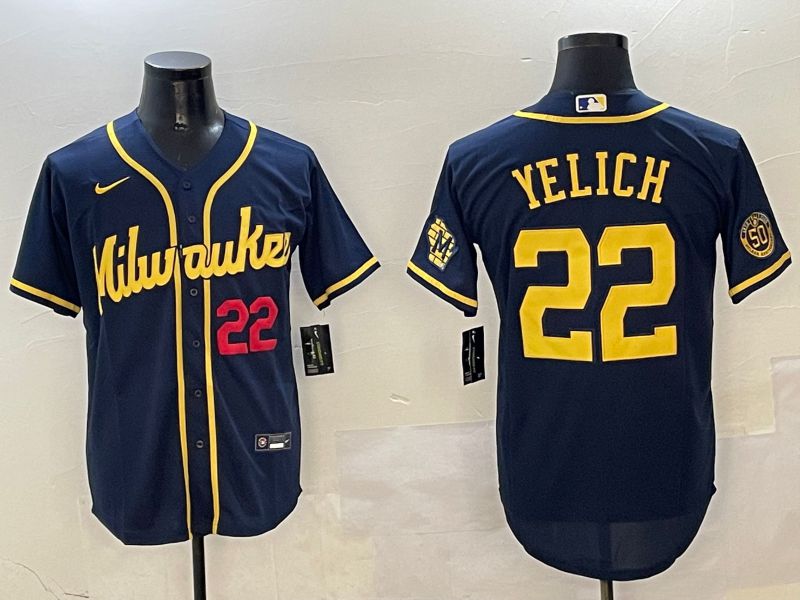 Men Milwaukee Brewers #22 Yelich Drak Blue Game 2025 Nike MLB Jersey style 03094
